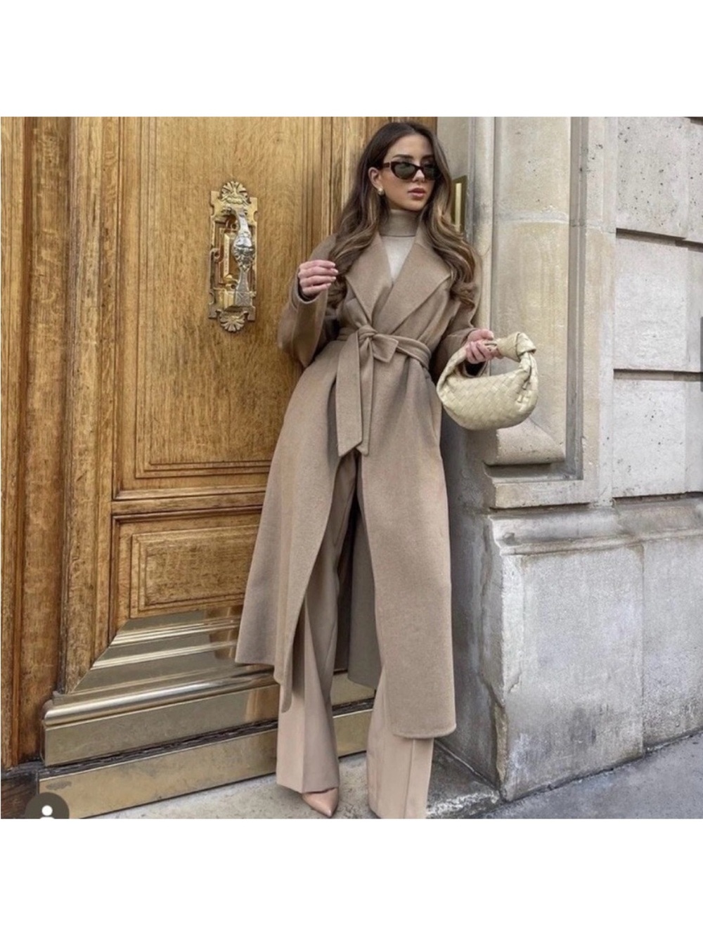 Zara Wool Blend Long Wrap Coat Camel Tan Size S Women’s - Picture 3 of 12